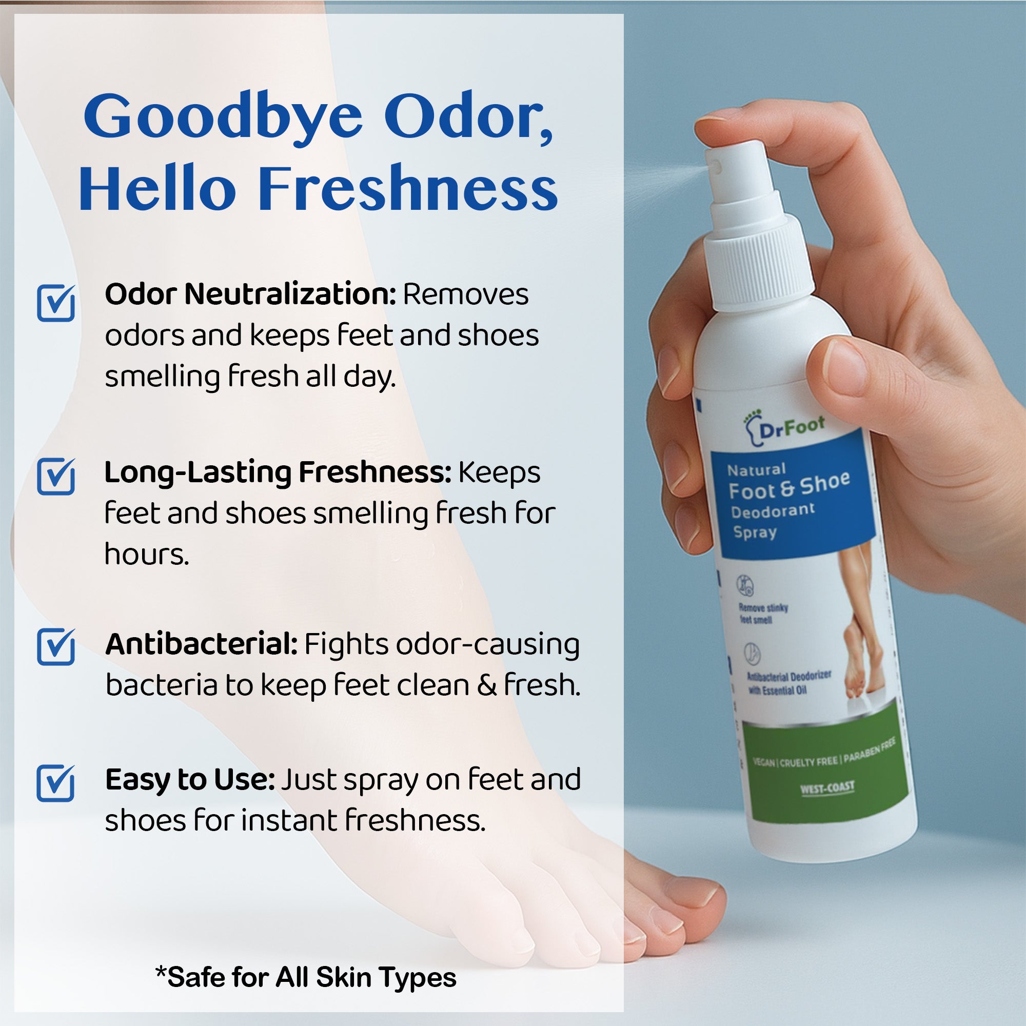 Natural Foot Deodorant Spray 100 ml: Citrus Scent Effective Odor Remover