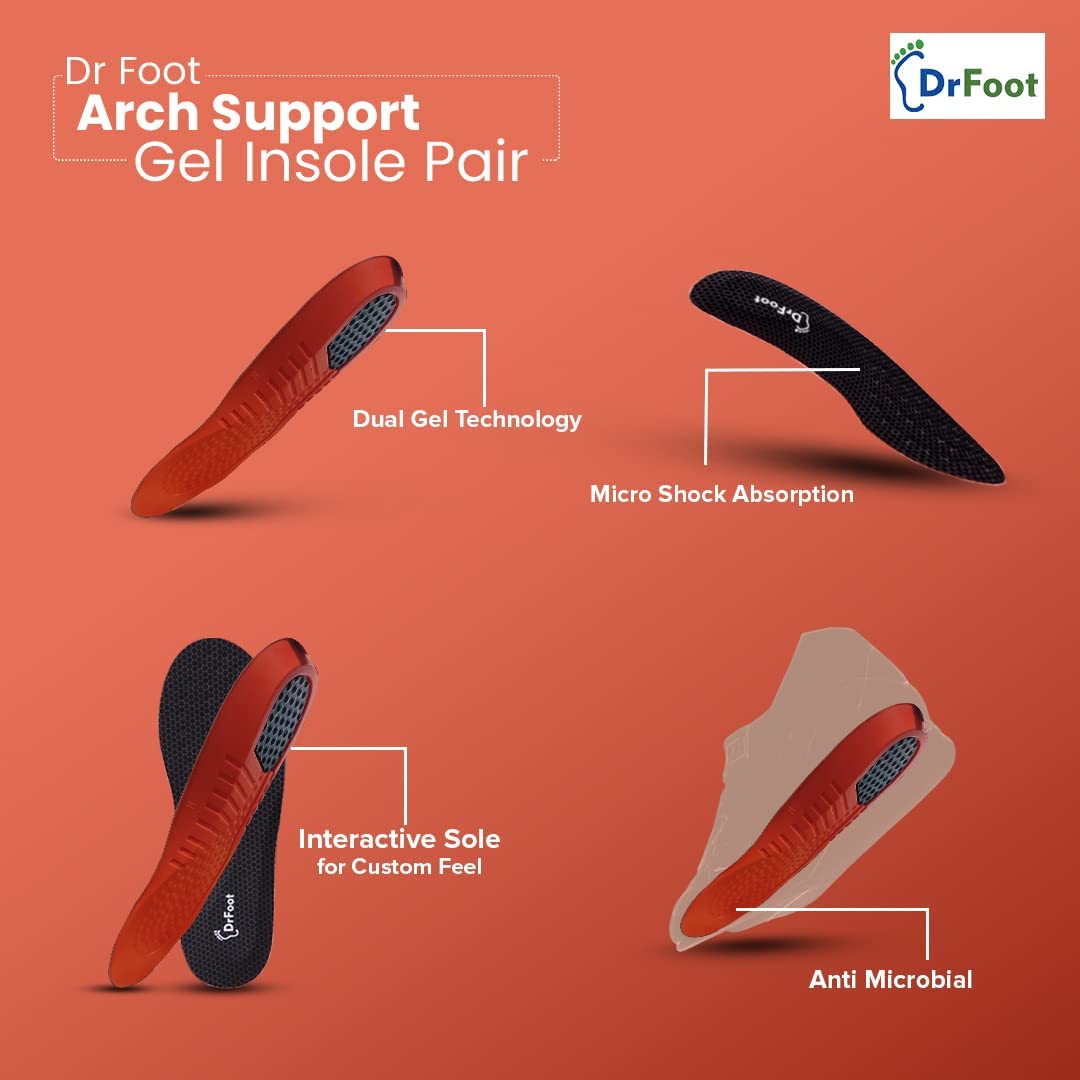 Dr Foot Arch Support Gel Insole Pair | For All-Day Comfort | Shoe Inserts for Flat Feet, Plantar Fasciitis, High Arch, Foot Pain | Full-Length Orthotics | For Men & Women – 1 Pair (Small Size)
