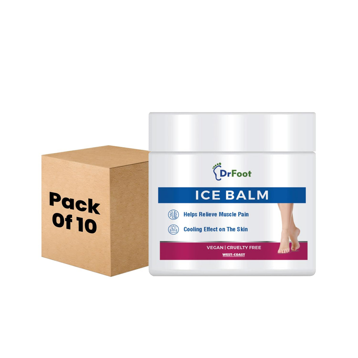 Dr Foot Ice Balm Cold, Fast Acting Feet Pain, Muscle Pain, Joint Pain Reliever with the Goodness of Menthol, Mentha Oil, Hemp Seed Oil, Glycerin - 100gm (Pack of 10)