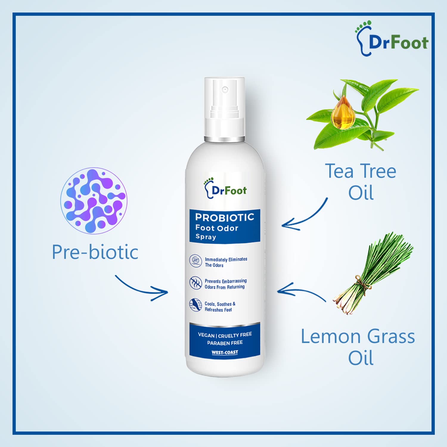 Dr Foot Probiotic Foot Odor Spray Helps to remove Feet & Shoes Worst Odors, Cools, Soothes & Refreshes Feet with the goodness of Lemon Grass Oil, Tea Tree Oil - 100ml