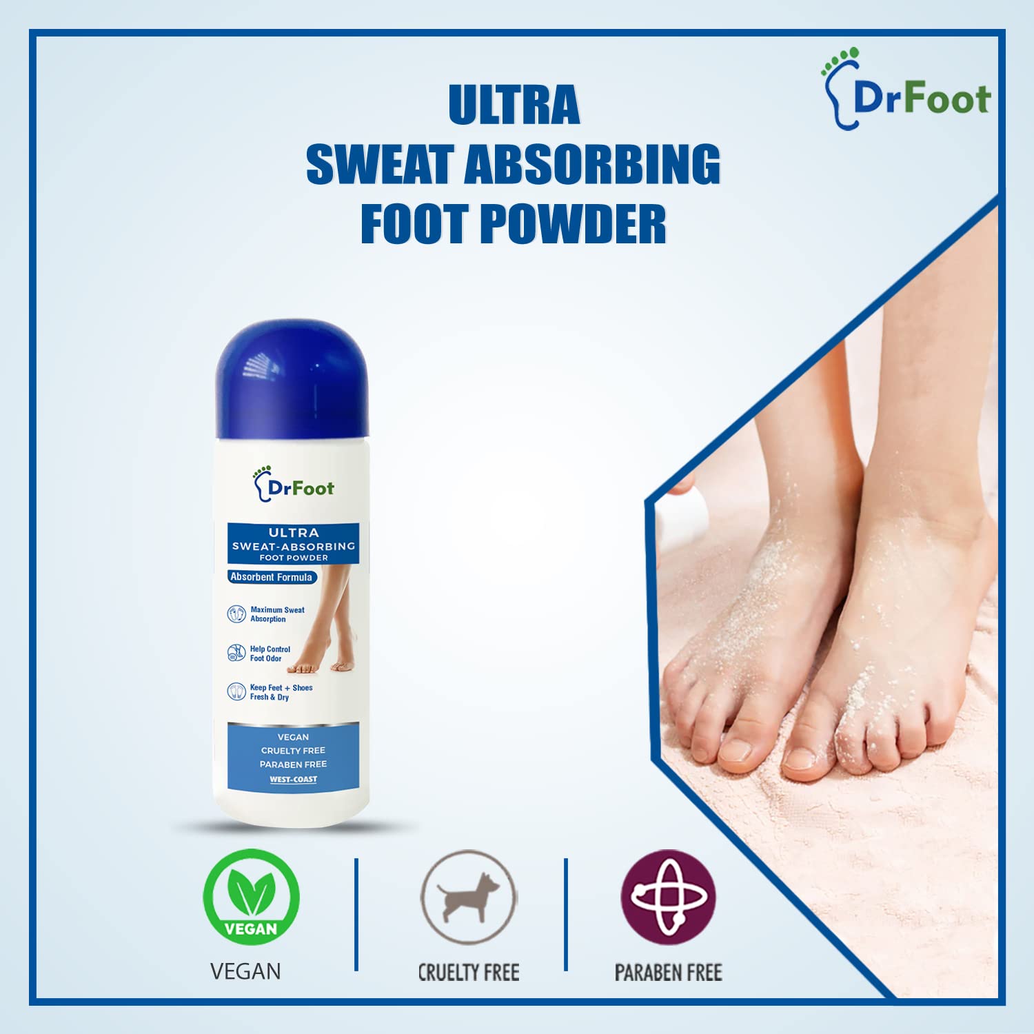Dr Foot Ultra Sweat Absorbing Foot Powder Helps to remove Sweaty Feet with Unique Absorbent Formula with Zinc Oxide, Tricalcium Phosphate - 100 Gm
