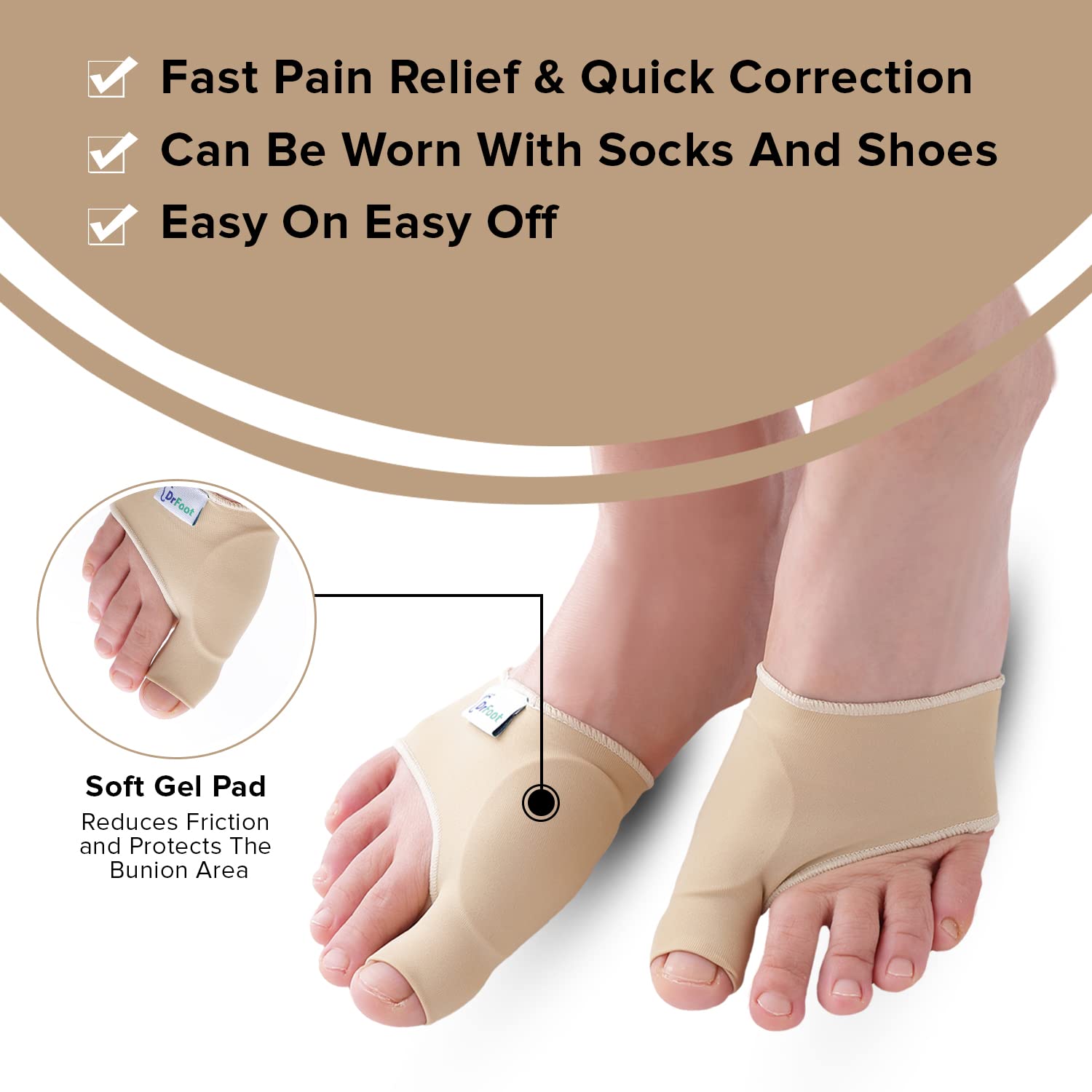 Dr Foot Bunion Corrector With Toe Separator | Effective For Toe Realignment | Relief Gel Pad Toe Brace Cushion | For Men & Women - Beige Color (Size – S) (Pack of 5)