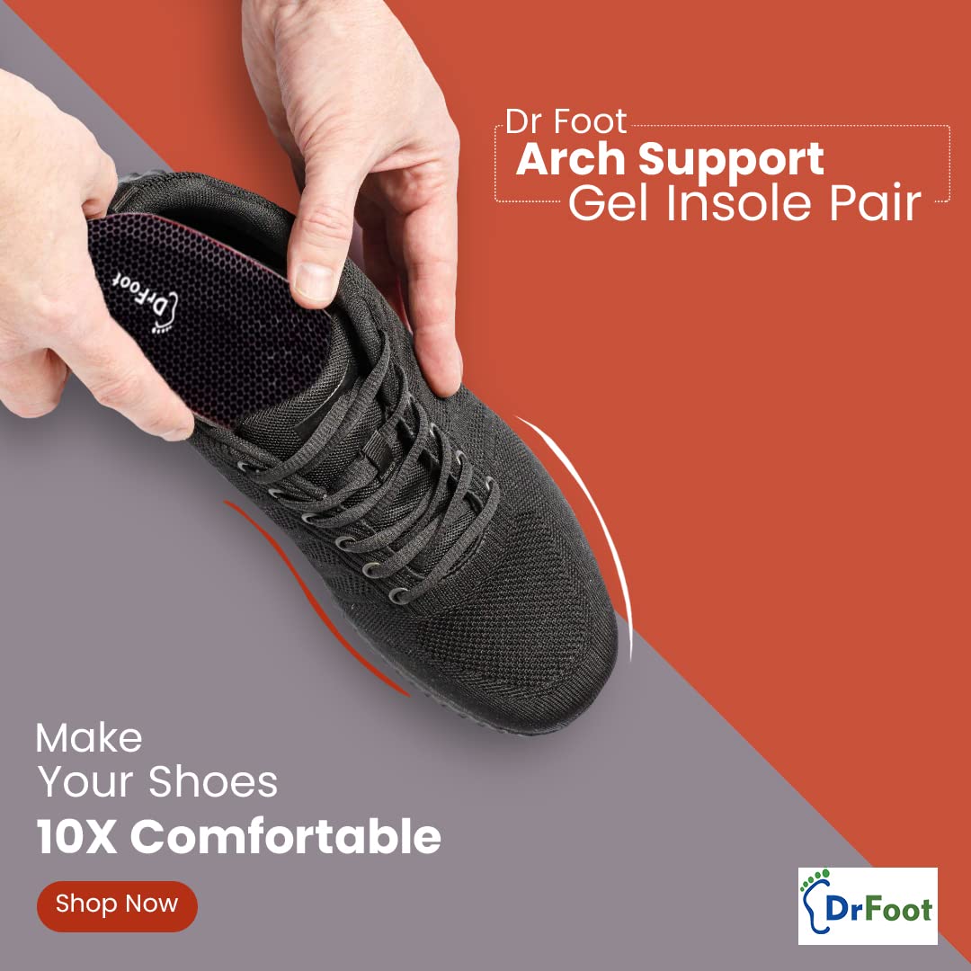 Dr Foot Arch Support Gel Insole Pair | For All-Day Comfort | Shoe Inserts for Flat Feet, High Arch, Foot Pain | Full-Length Orthotics | For Men & Women – 1 Pair (Large Size) (Pack of 10)