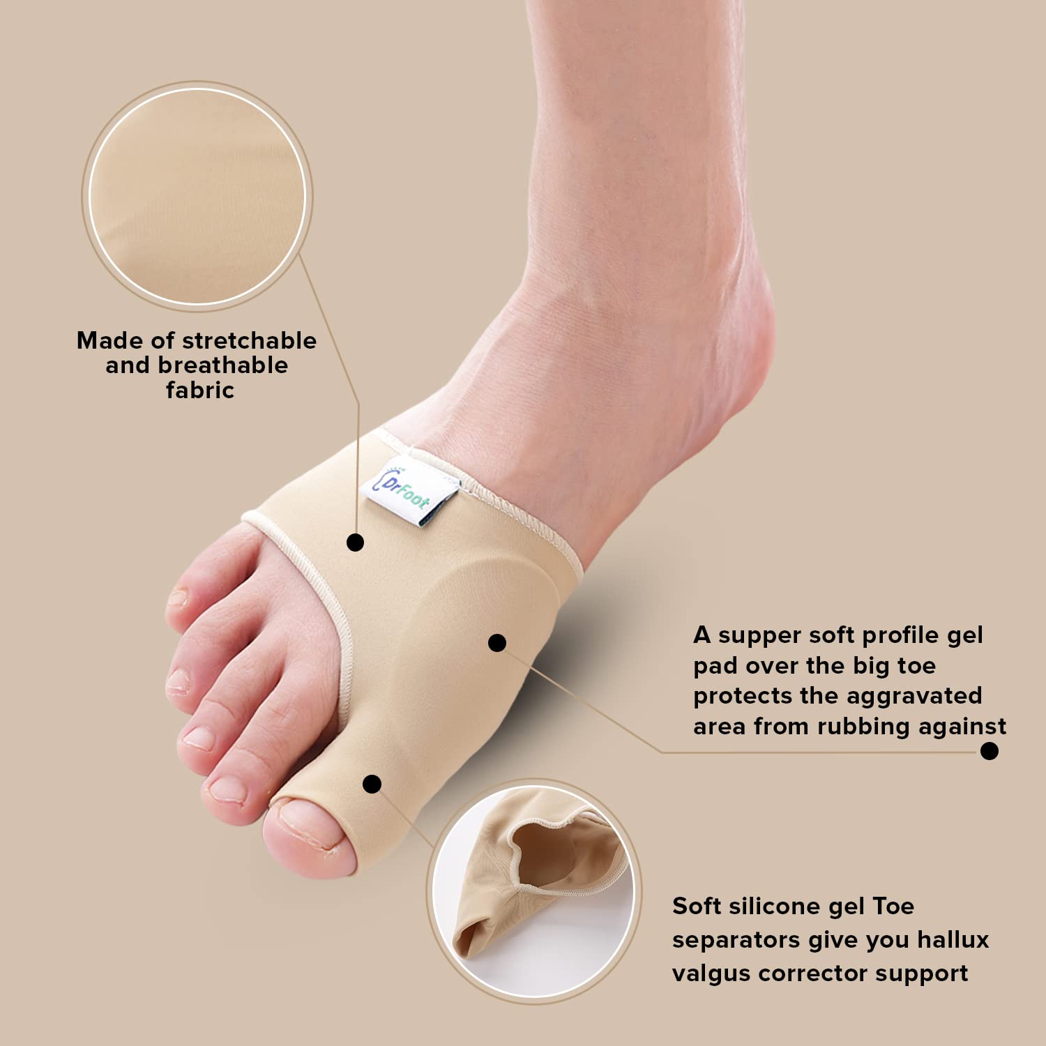 Dr Foot Bunion Corrector With Toe Separator | Effective For Toe Realignment | Relief Gel Pad Toe Brace Cushion | For Men & Women - Beige Color (Size – L) (Pack of 2)