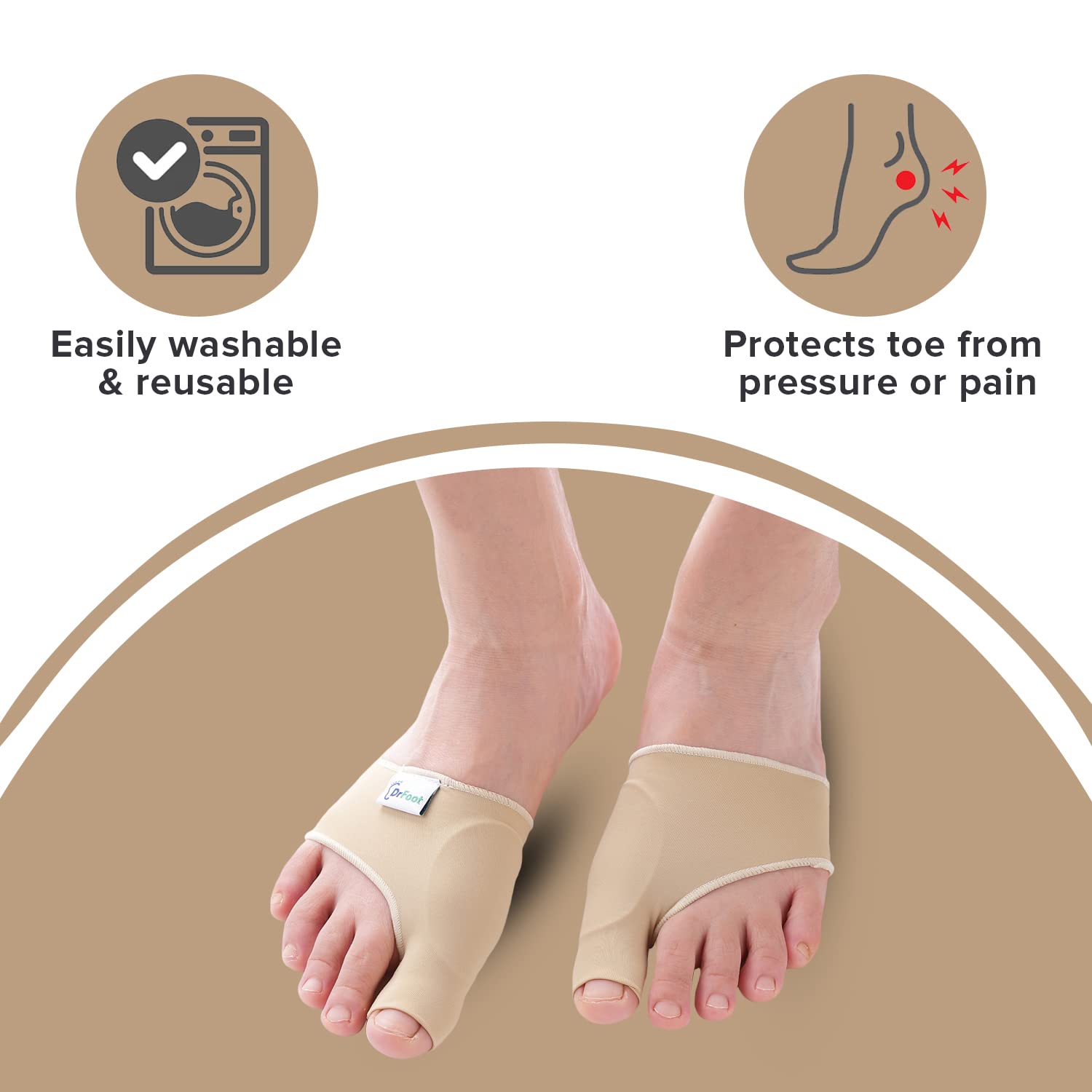 Dr Foot Bunion Corrector With Toe Separator | Effective For Toe Realignment | Relief Gel Pad Toe Brace Cushion | For Men & Women - Beige Color (Size – L) (Pack of 5)