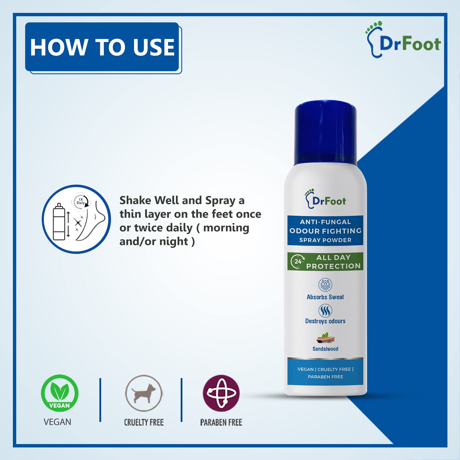 Dr Foot Anti-Fungal Odour Fighting Spray Powder with Neem Powder, Menthol Oil & Sandalwood | Ultimate Odour Neutralizer| Removes Bad Smell & Keep your foot Fresh and Dry – 130ml / 80gm (Pack of 3)