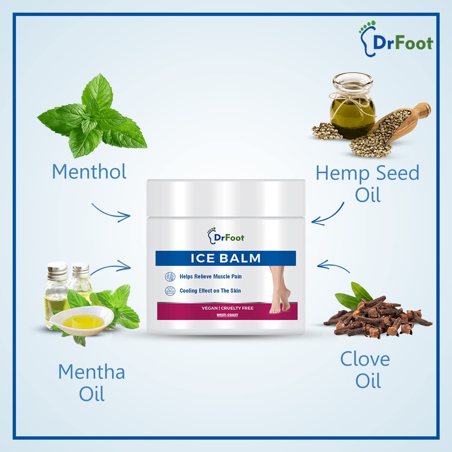 Dr Foot Ice Balm Cold with the Goodness of Menthol, Mentha Oil, Hemp Seed Oil, Glycerin - 100gm (Pack of 3)
