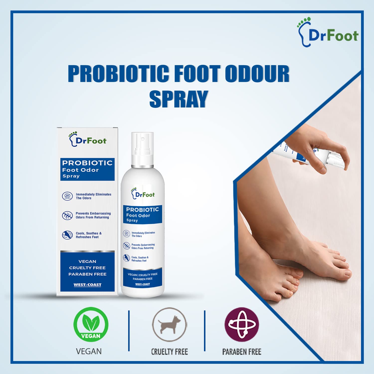Dr Foot Probiotic Foot Odor Spray Helps to remove Feet & Shoes Worst Odors, Cools, Soothes & Refreshes Feet with the goodness of Lemon Grass Oil, Tea Tree Oil - 100ml (Pack of 10)