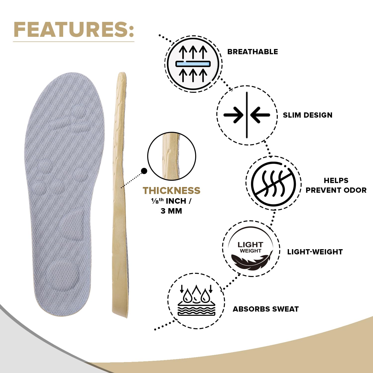 Dr Foot Odor-Fighting Insoles | For Odor Free, Sweat Absorption, Breathable, Comfortable Massage| Latex Insoles for Deodorizing and Comfort | For Men & Women - 1 Pair (Medium Size)