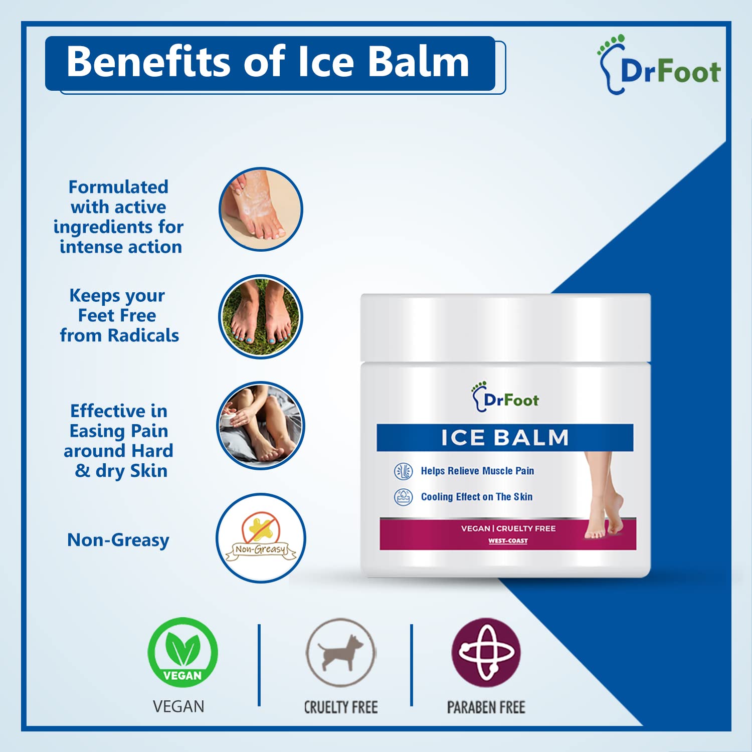 Dr Foot Ice Balm Cold, Fast Acting Feet Pain, Muscle Pain, Joint Pain Reliever with the Goodness of Menthol, Mentha Oil, Hemp Seed Oil, Glycerin - 100gm