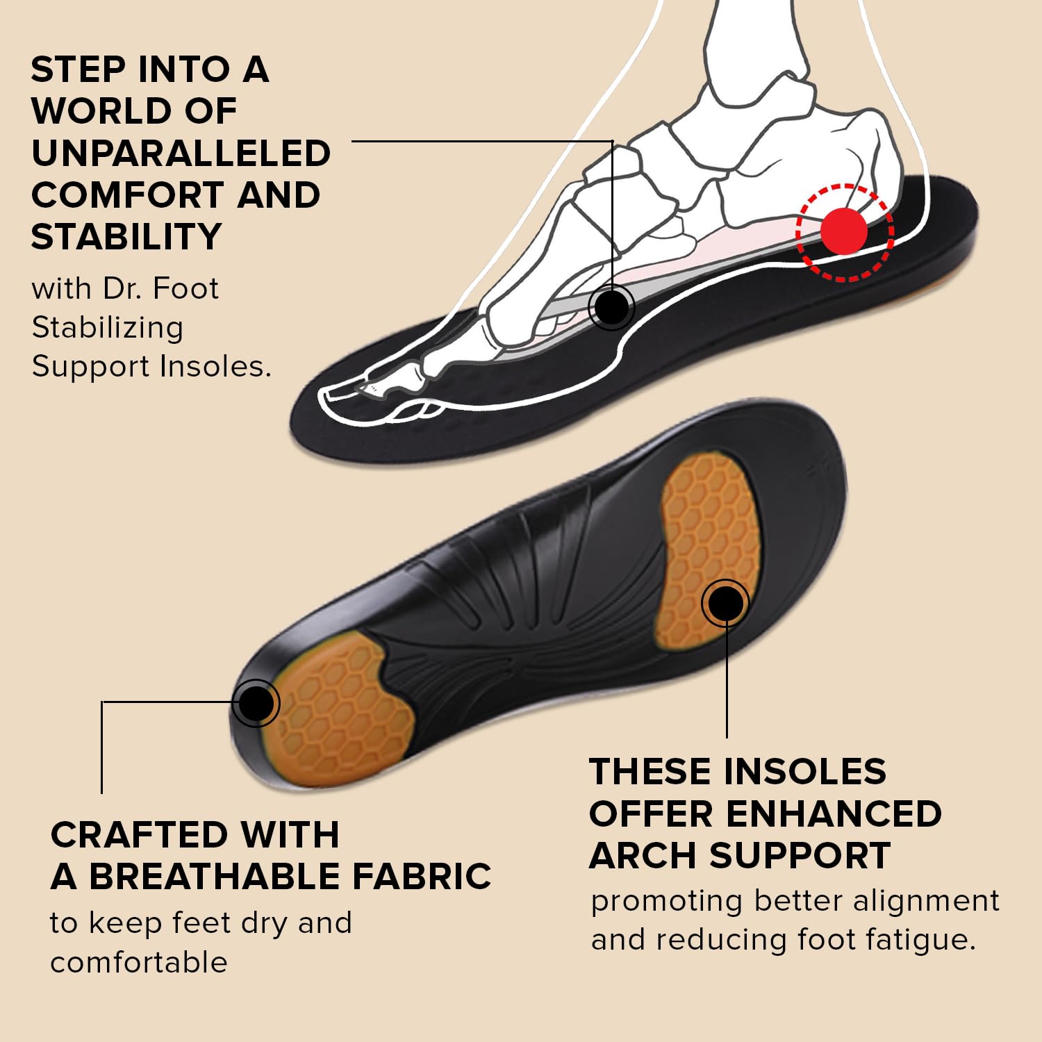 Dr Foot Stabilizing Support Insoles | Breathable Fabric for Dry Feet | Dual-Layer Foam Cushion Design | Maximum Comfort | Gel Forefoot | Heel for Impact Protection | - 1 Pair - (Medium Size)