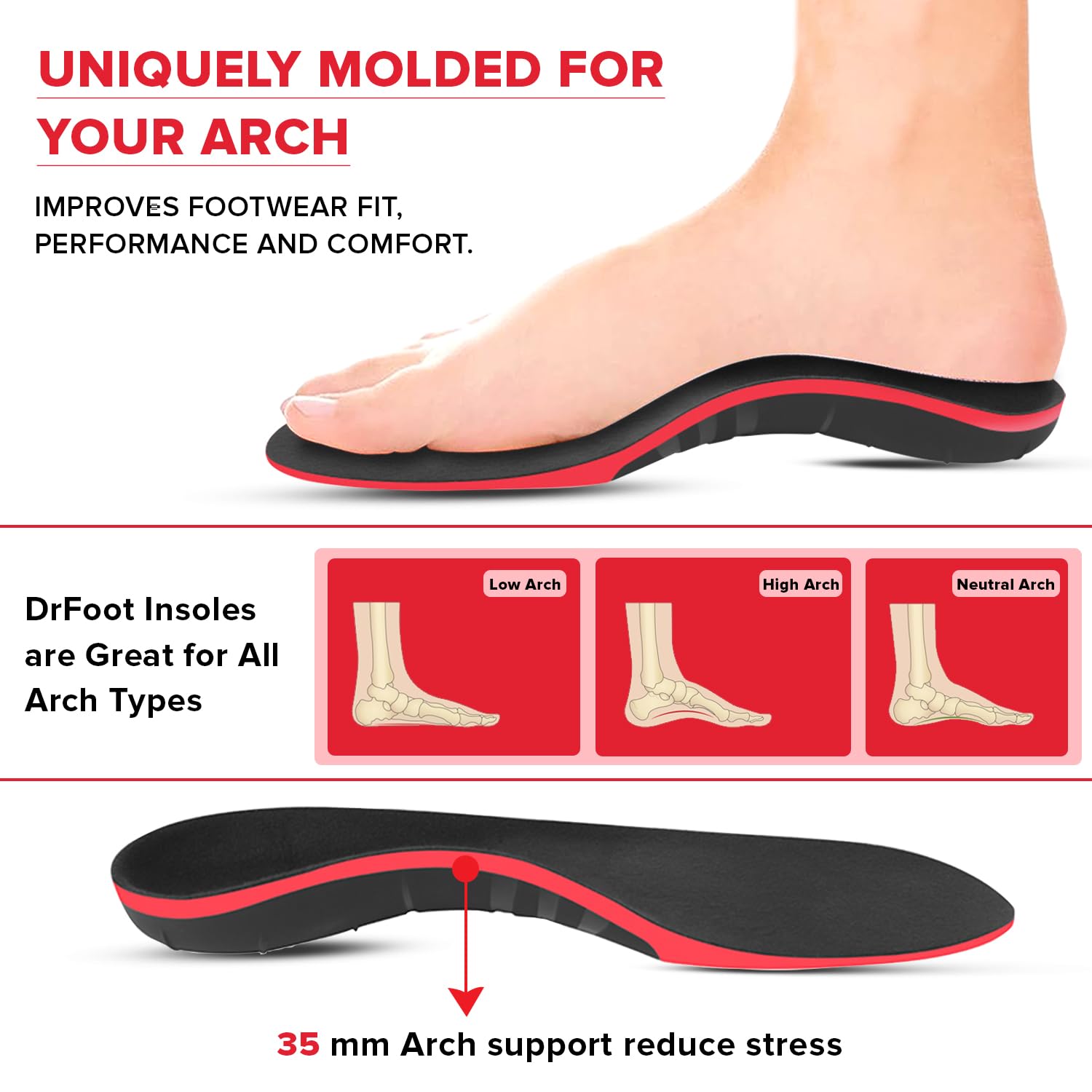 Dr Foot High Arch Support Insoles | Shoe Inserts For Plantar Fasciitis, Flat Feet, Feet Pain, Heel Spur Pain |For All Day Comfort & Support & Shock Absorption| For Men and Women -1 Pair (XS Size)
