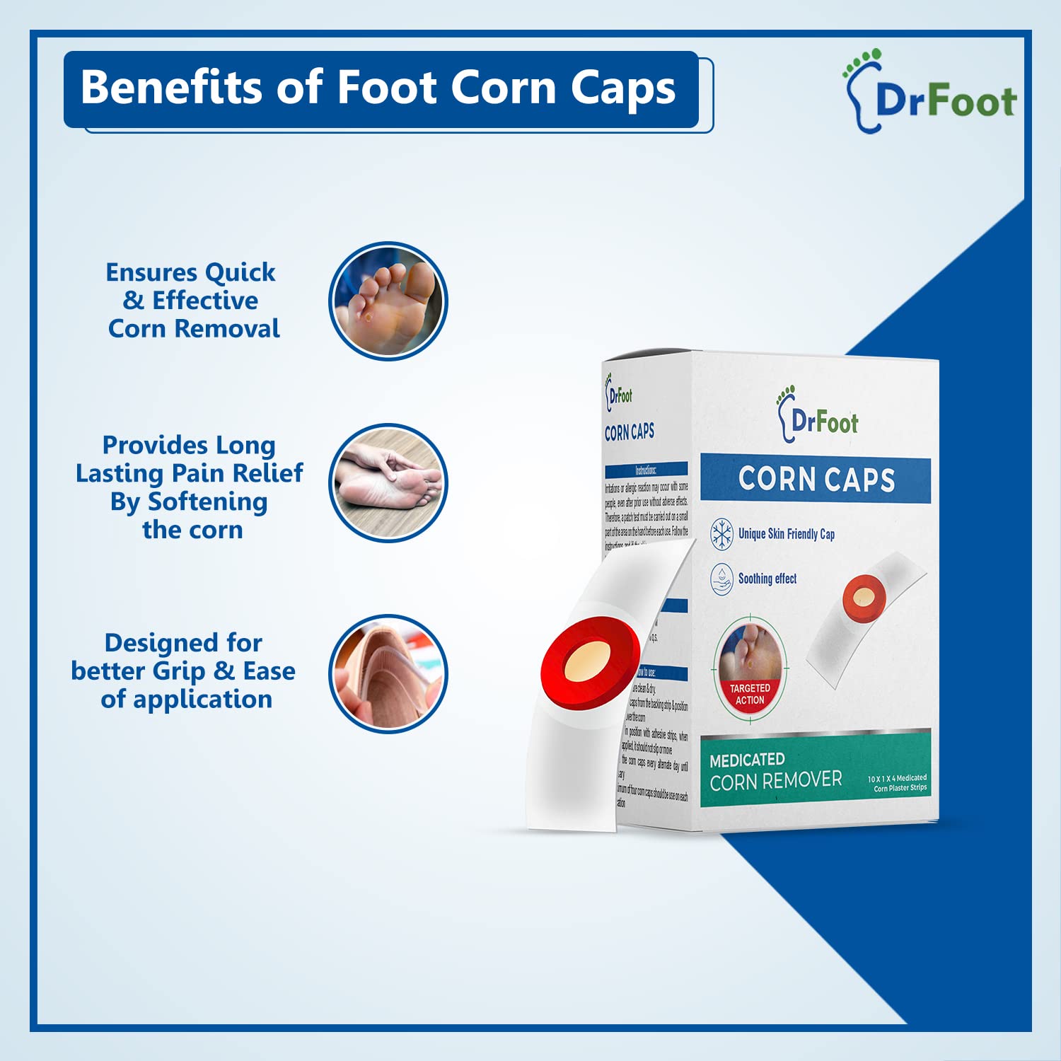 Dr foot Corn Caps 40 Strips Medicated Plaster Bandage Skin Friendly Cap |Soothing Effect, Helps for Fast, Effective and Easy to Deep Foot Corn Remover | Easy to Remove