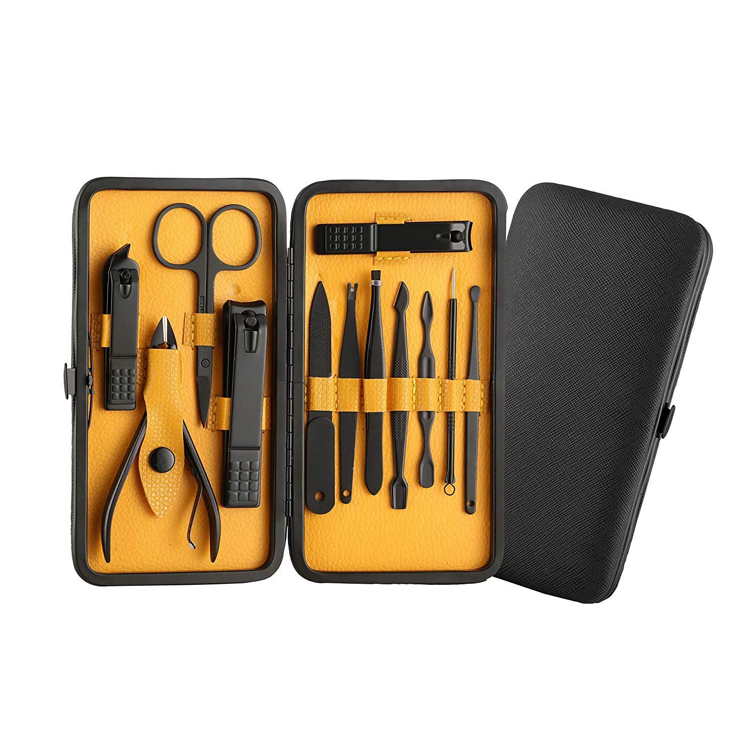 Dr Foot Manicure Set | Professional Grooming Kit, Pedicure Kit | For Men & Women | With Black Leather Travel Case, Yellow – 12 in 1 (Pack of 5)